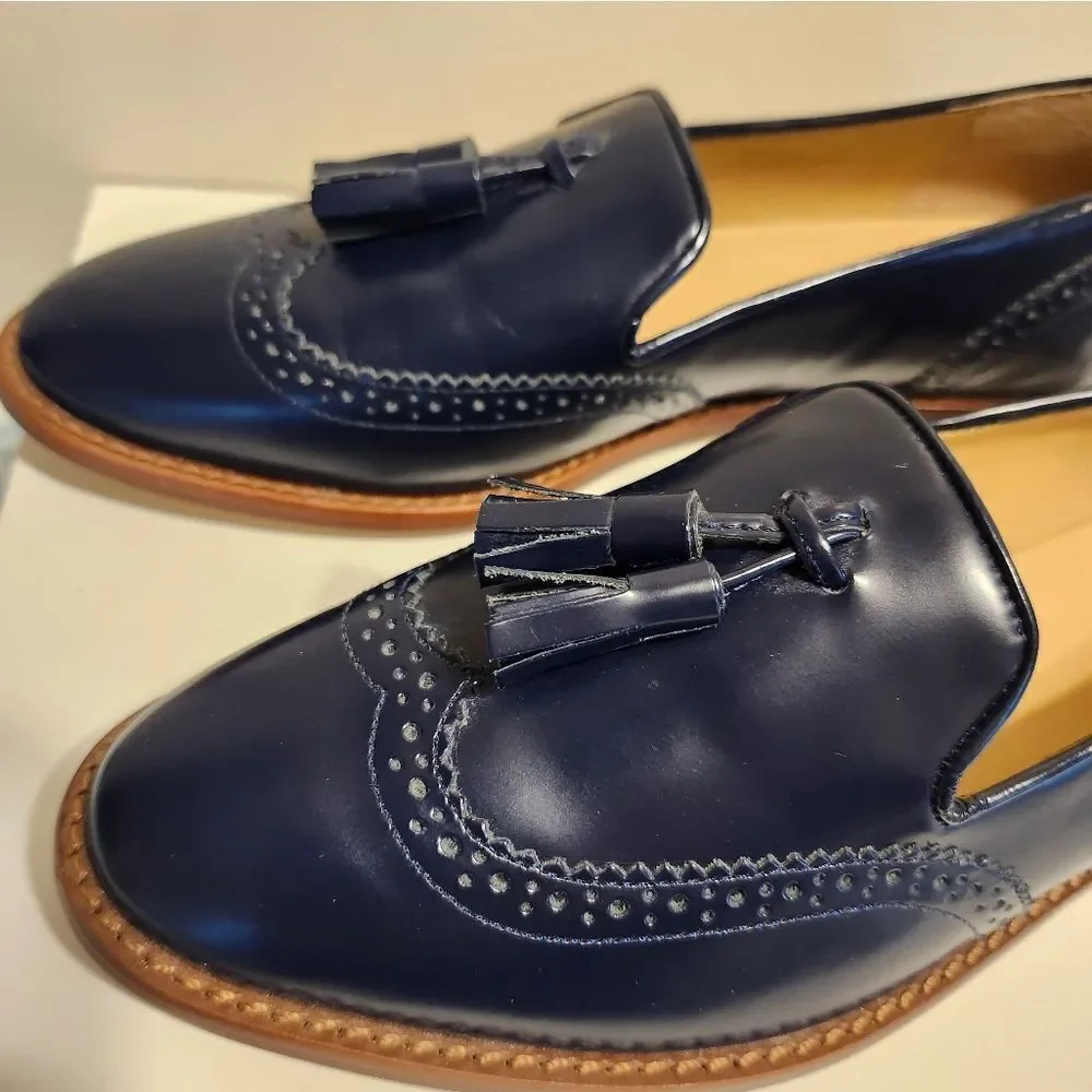 NWT Talbots Leighton Blue Polished Leather Tassel Brogue Loafers Sz.6.5 Ret $139 - Picture 3 of 9